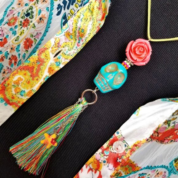 Artisan Necklace Halloween Turquoise Skull Pink Rose Tassel Green Suede Cord - Picture 1 of 6